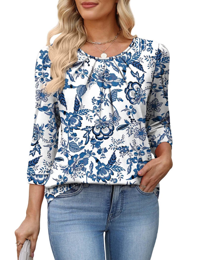 OFEEFAN Blouses for Women Dressy Casual 3/4 Sleeve Tops for Women Boho Tops Western Outfit Fashion Clothing Resort Wear Beach Outfits Spring Outfits Boho Blue White S - Image 4
