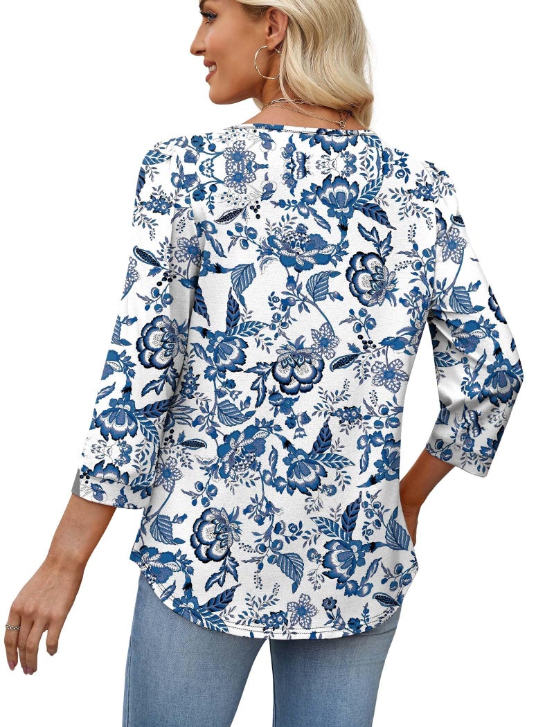 OFEEFAN Blouses for Women Dressy Casual 3/4 Sleeve Tops for Women Boho Tops Western Outfit Fashion Clothing Resort Wear Beach Outfits Spring Outfits Boho Blue White S - Image 5