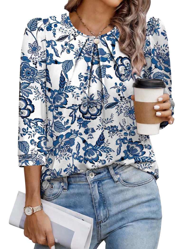 OFEEFAN Blouses for Women Dressy Casual 3/4 Sleeve Tops for Women Boho Tops Western Outfit Fashion Clothing Resort Wear Beach Outfits Spring Outfits Boho Blue White S - Image 1