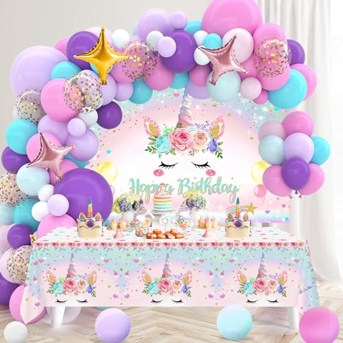 Netnology Unicorn Birthday Decorations for Girls,118pcs Unicorn Theme Party Supplies with Balloon Garland Arch Kit Backdrop and Tablecloth for Girls Women Birthday Party Decorations - Image 1