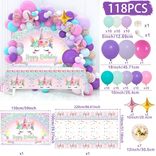Netnology Unicorn Birthday Decorations for Girls,118pcs Unicorn Theme Party Supplies with Balloon Garland Arch Kit Backdrop and Tablecloth for Girls Women Birthday Party Decorations - Image 2