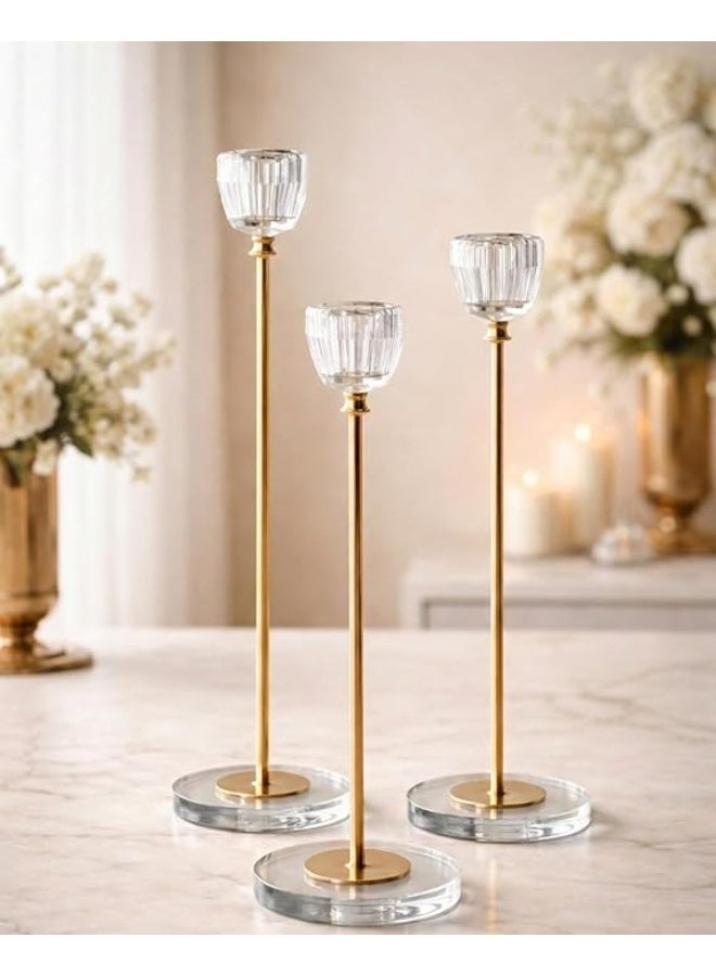 ناما Premuim Quality Elegant Crystal Glass Candle Holder Set, Gold Metal Stand, 3-Piece Decorative Taper Candlesticks with Clear Glass Cups 33/28/23 cm - Image 1