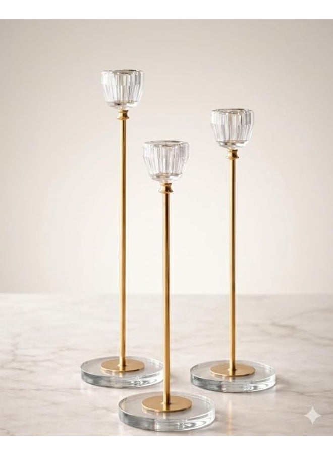 ناما Premuim Quality Elegant Crystal Glass Candle Holder Set, Gold Metal Stand, 3-Piece Decorative Taper Candlesticks with Clear Glass Cups 33/28/23 cm - Image 3