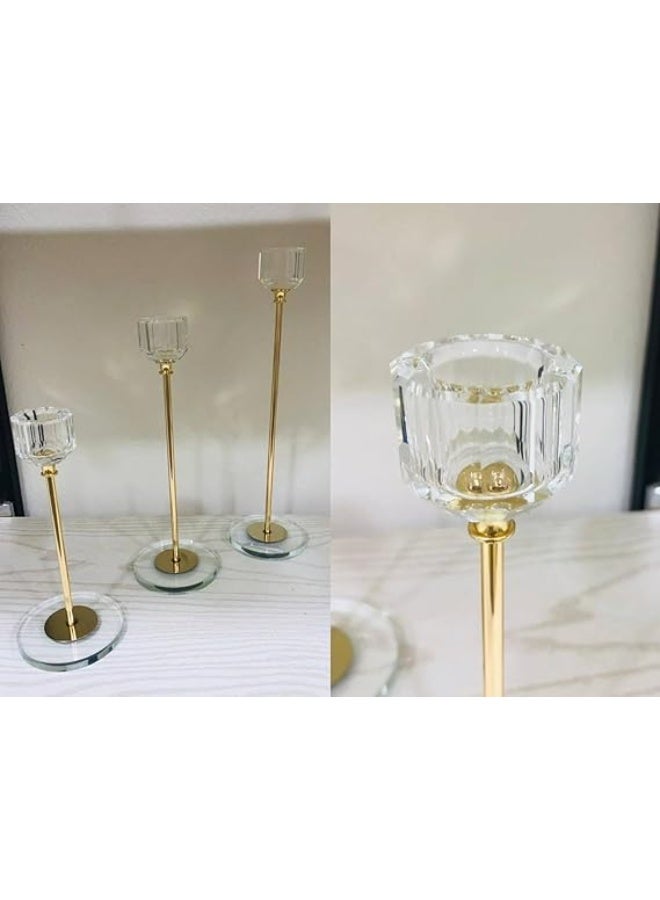 ناما Premuim Quality Elegant Crystal Glass Candle Holder Set, Gold Metal Stand, 3-Piece Decorative Taper Candlesticks with Clear Glass Cups 33/28/23 cm - Image 4