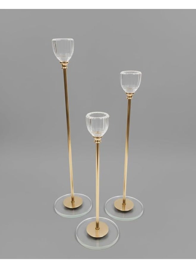ناما Premuim Quality Elegant Crystal Glass Candle Holder Set, Gold Metal Stand, 3-Piece Decorative Taper Candlesticks with Clear Glass Cups 33/28/23 cm - Image 2