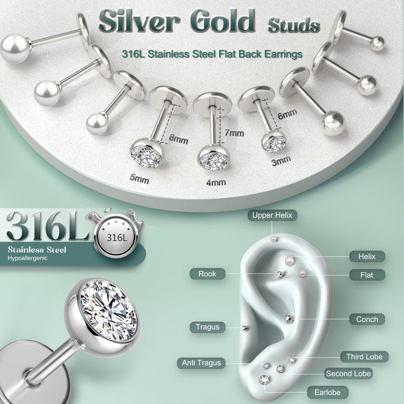 GEMQUEEN Flat Back Earrings Studs : Internal Thread 316L Surgical Stainless Steel Stud Earring Hypoallergenic for Cartilage 16G Helix Tragus Conch Piercing Jewelry Dainty CZ Earrings Set for Women Men - Image 2