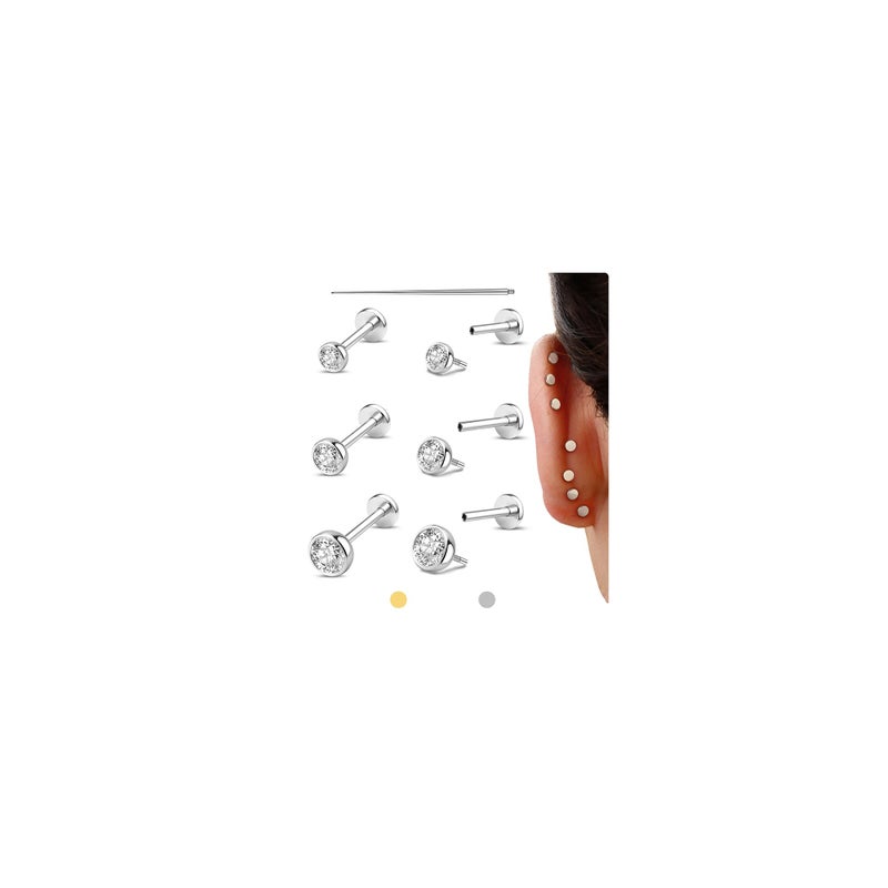 GEMQUEEN Flat Back Earrings Studs : Internal Thread 316L Surgical Stainless Steel Stud Earring Hypoallergenic for Cartilage 16G Helix Tragus Conch Piercing Jewelry Dainty CZ Earrings Set for Women Men - Image 1