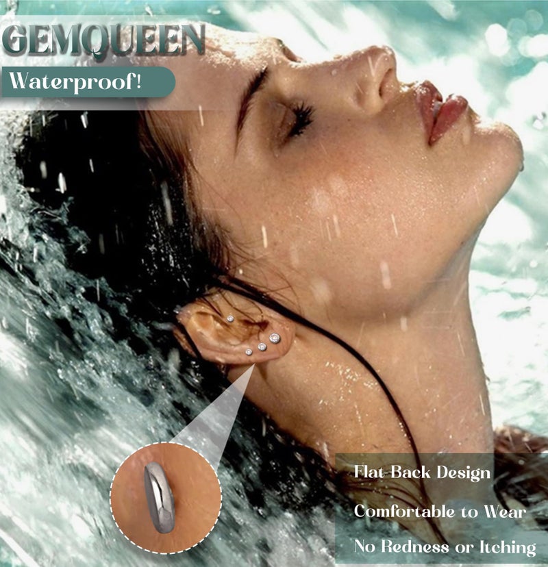 GEMQUEEN Flat Back Earrings Studs : Internal Thread 316L Surgical Stainless Steel Stud Earring Hypoallergenic for Cartilage 16G Helix Tragus Conch Piercing Jewelry Dainty CZ Earrings Set for Women Men - Image 3