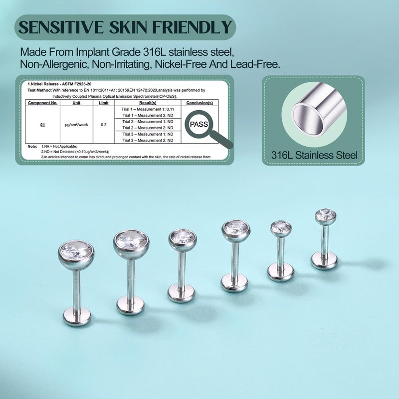 GEMQUEEN Flat Back Earrings Studs : Internal Thread 316L Surgical Stainless Steel Stud Earring Hypoallergenic for Cartilage 16G Helix Tragus Conch Piercing Jewelry Dainty CZ Earrings Set for Women Men - Image 5