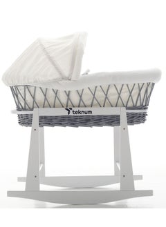 TEKNUM Infant Wicker Moses Basket With White Waffle Beddings And White Rocker Stand  - Wooden Grey  - Image 1