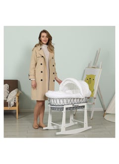 TEKNUM Infant Wicker Moses Basket With White Waffle Beddings And White Rocker Stand  - Wooden Grey  - Image 5