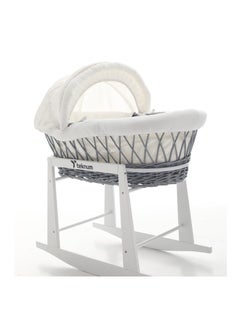 TEKNUM Infant Wicker Moses Basket With White Waffle Beddings And White Rocker Stand  - Wooden Grey  - Image 2