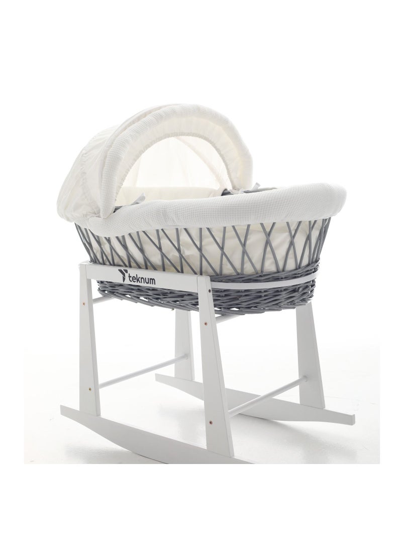 TEKNUM Infant Wicker Moses Basket With White Waffle Beddings And White Rocker Stand  - Wooden Grey  - Image 2