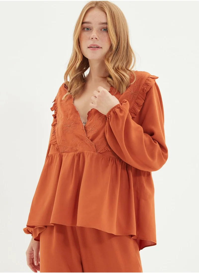 trendyol Ruffle Detail Top & Pyjama Set