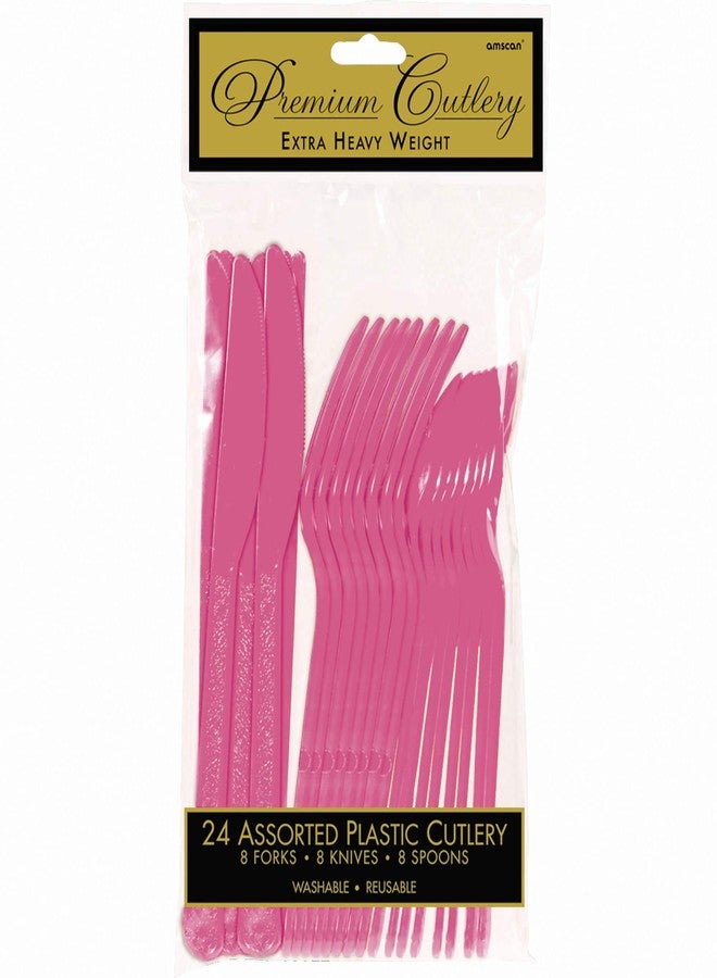 Amscan Premium Bright Pink Heavy Weight Assorted Plastic Cutlery Set - (24 Pc) - Elegant & Durable for Parties and Events