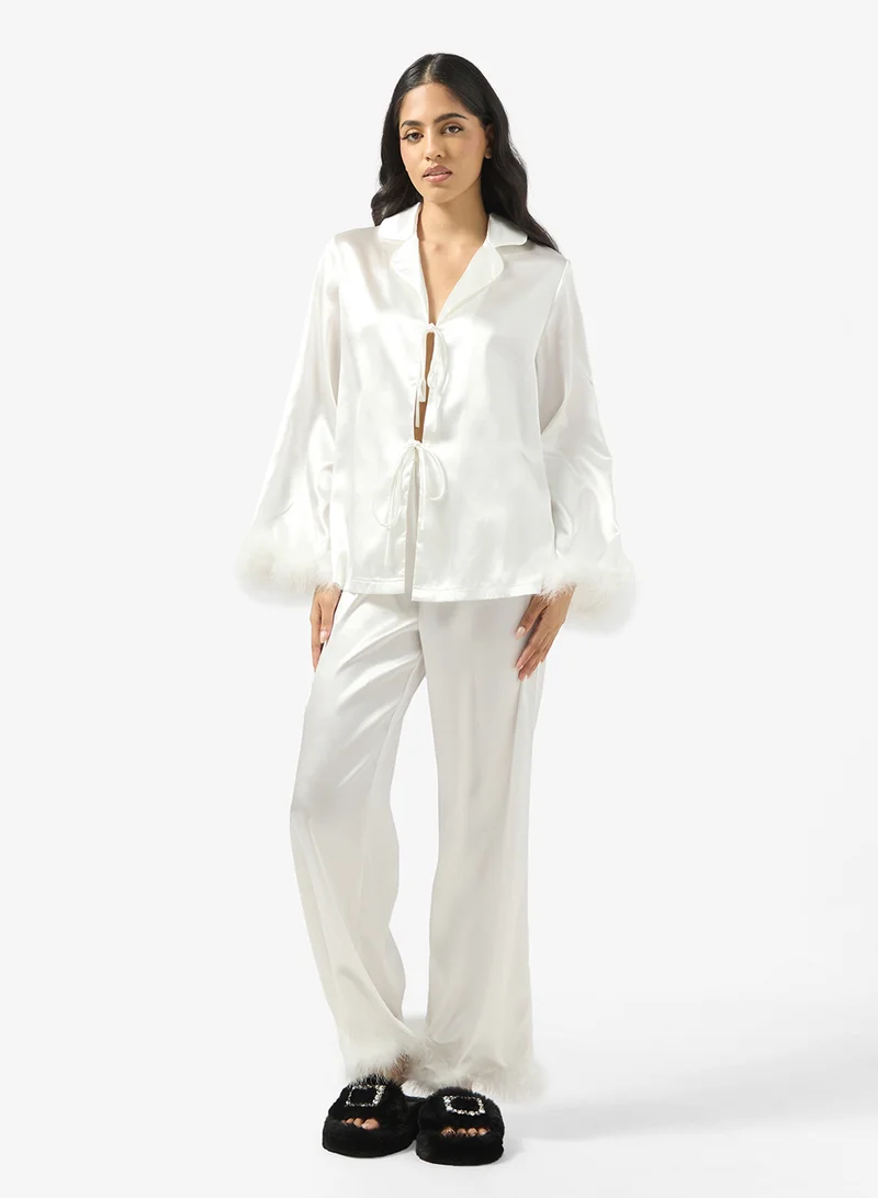 جينجر Satin Button Up Pyjama Set with Feather Detail