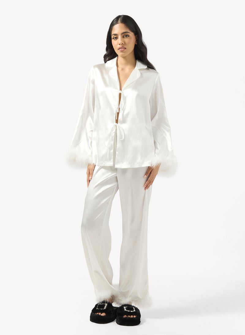 Ginger Satin Button Up Pyjama Set with Feather Detail - Image 5