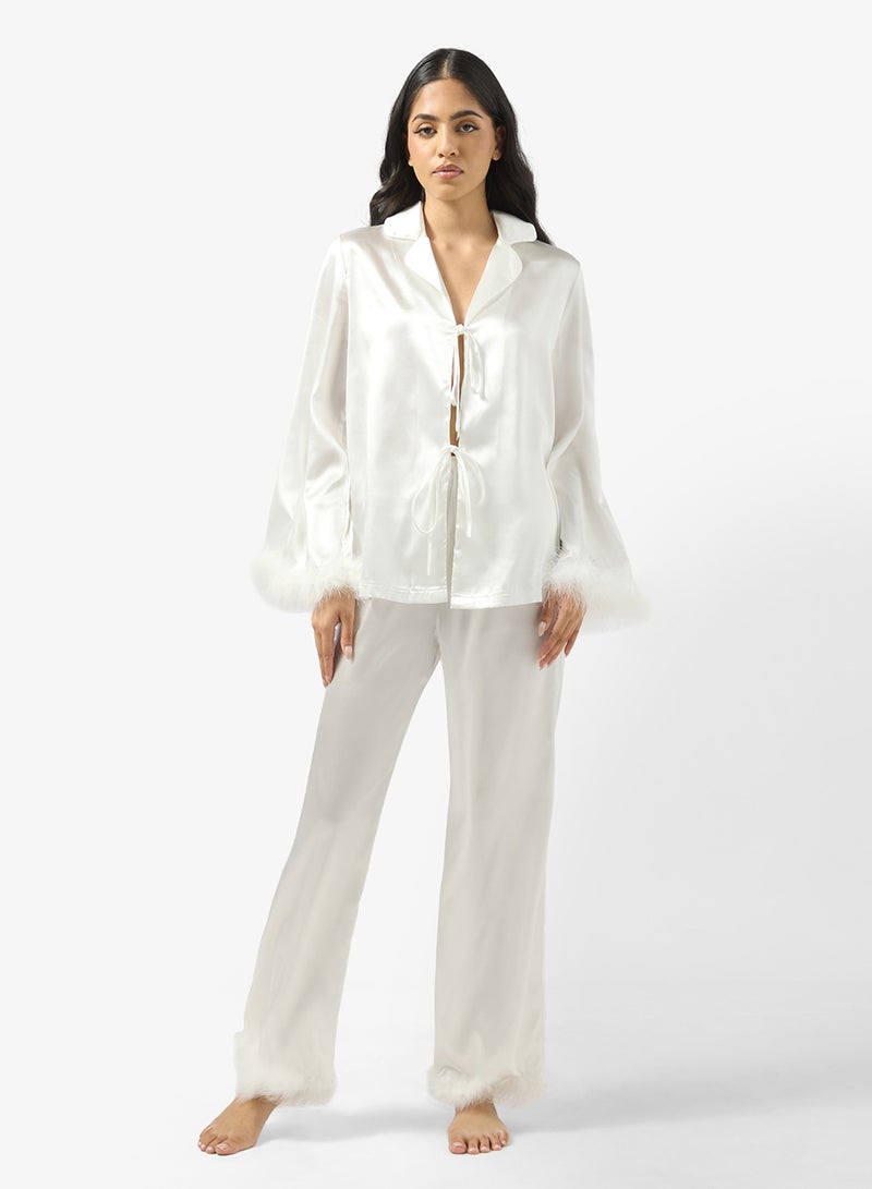 Ginger Satin Button Up Pyjama Set with Feather Detail - Image 1