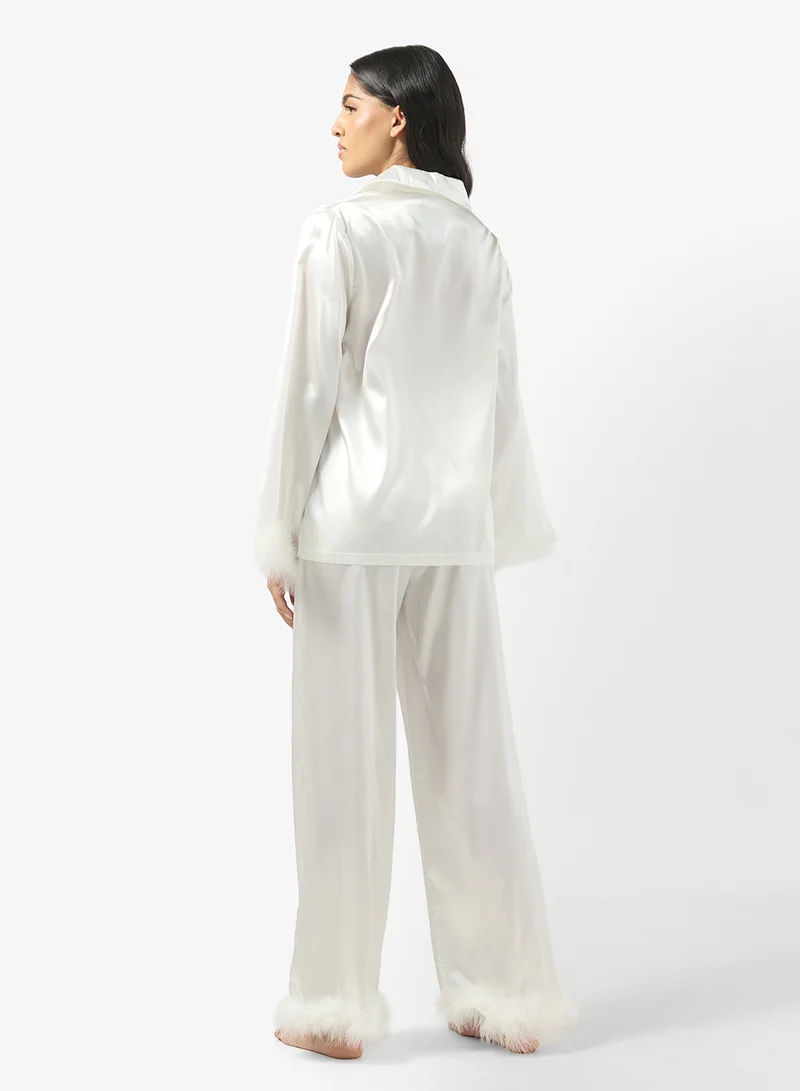 Ginger Satin Button Up Pyjama Set with Feather Detail