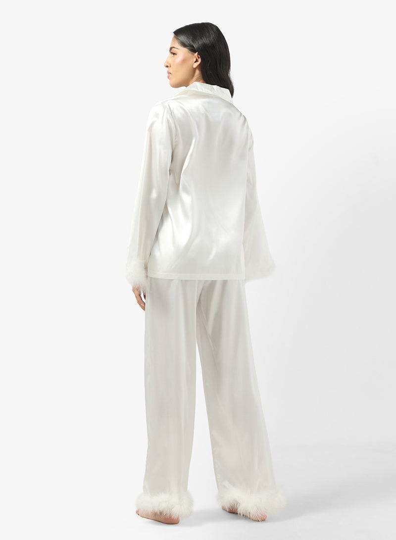Ginger Satin Button Up Pyjama Set with Feather Detail - Image 2