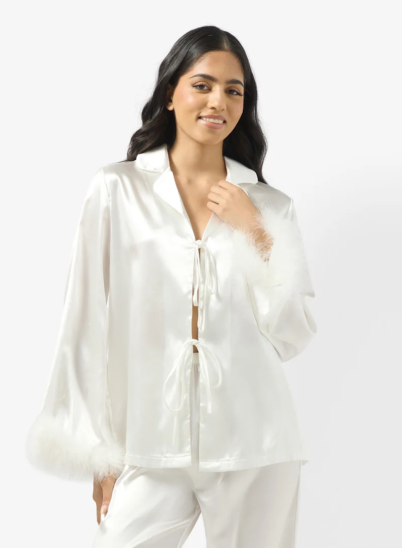جينجر Satin Button Up Pyjama Set with Feather Detail