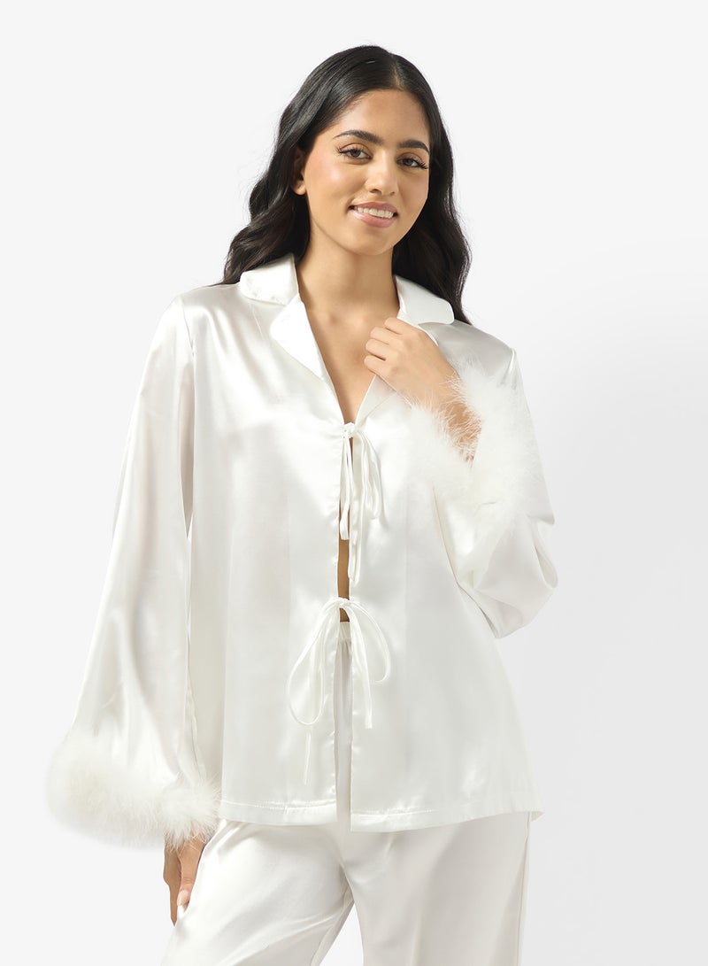 Ginger Satin Button Up Pyjama Set with Feather Detail - Image 3