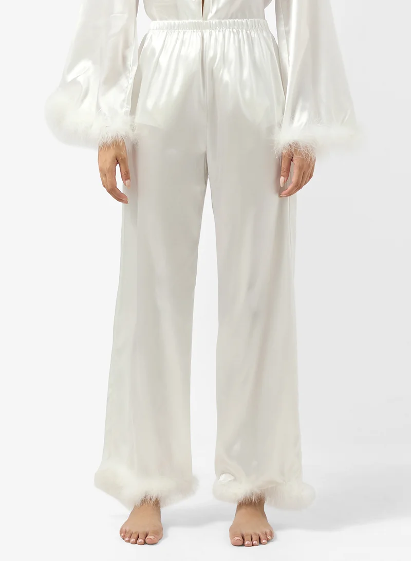 جينجر Satin Button Up Pyjama Set with Feather Detail