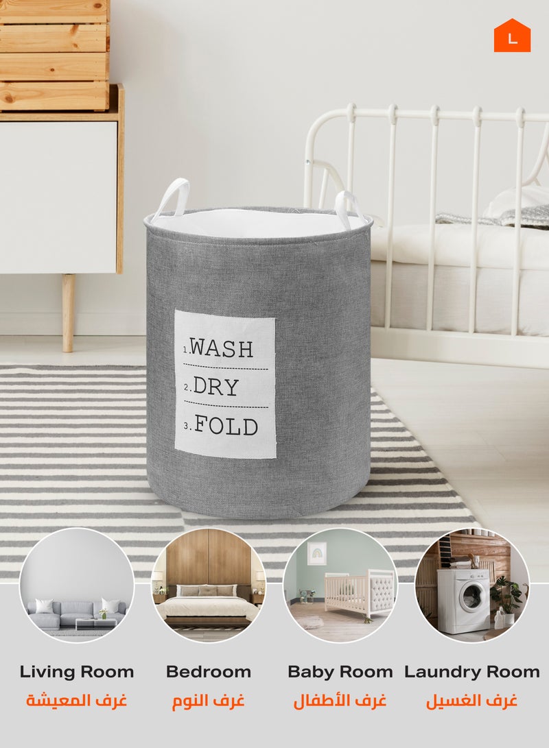 LAWAZIM Round Laundry Basket with Printed Letters - Silver 40x50cm| Storage Hamper Organizer Clothes Storage Foldable Fabric Basket with Handles Home Organization Solution Modern Sorter Container - Image 5
