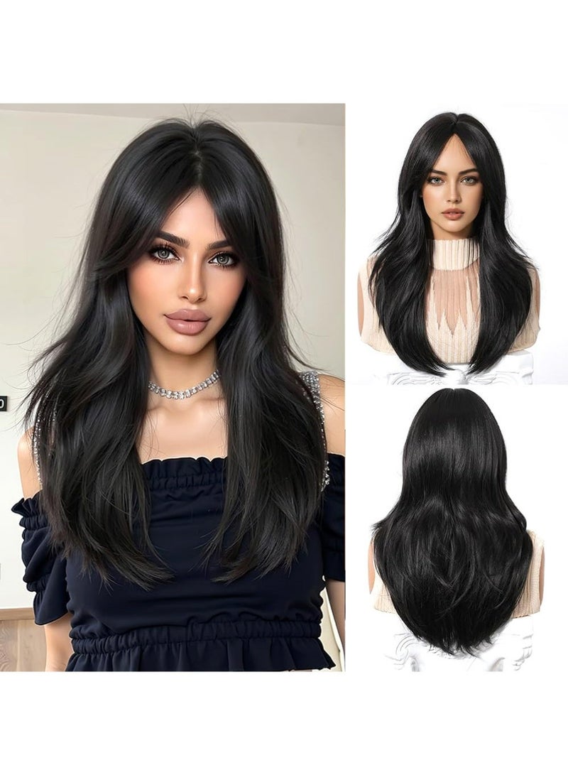 Dougez Black Long Straight Wig ith Curtain Bangs Wigs, Slightly Curly Hair Ends, Natural Soft Synthetic Heat Resistant Hair Wig with Net Cap for Party, Cosplay, Wedding & Fashion Styling - Image 1