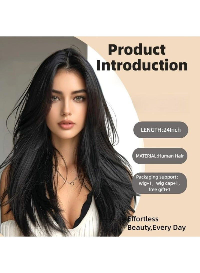 Dougez Black Long Straight Wig ith Curtain Bangs Wigs, Slightly Curly Hair Ends, Natural Soft Synthetic Heat Resistant Hair Wig with Net Cap for Party, Cosplay, Wedding & Fashion Styling - Image 3