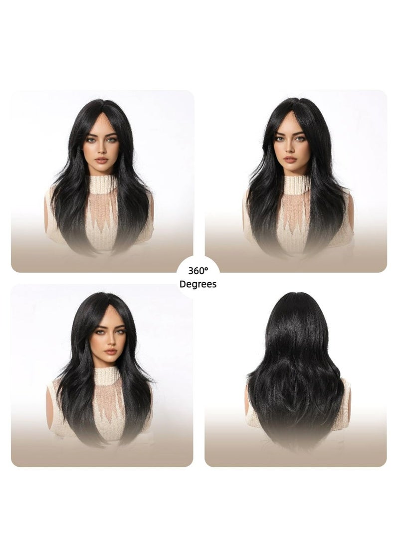Dougez Black Long Straight Wig ith Curtain Bangs Wigs, Slightly Curly Hair Ends, Natural Soft Synthetic Heat Resistant Hair Wig with Net Cap for Party, Cosplay, Wedding & Fashion Styling - Image 4