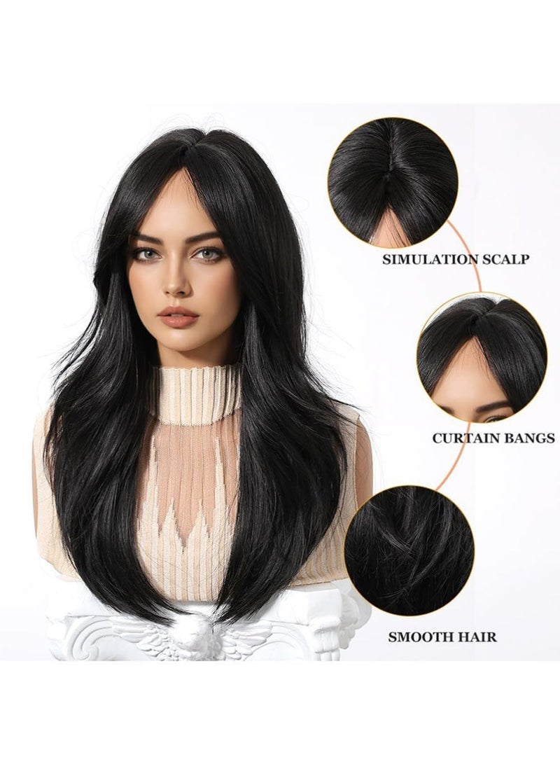 Dougez Black Long Straight Wig ith Curtain Bangs Wigs, Slightly Curly Hair Ends, Natural Soft Synthetic Heat Resistant Hair Wig with Net Cap for Party, Cosplay, Wedding & Fashion Styling - Image 5