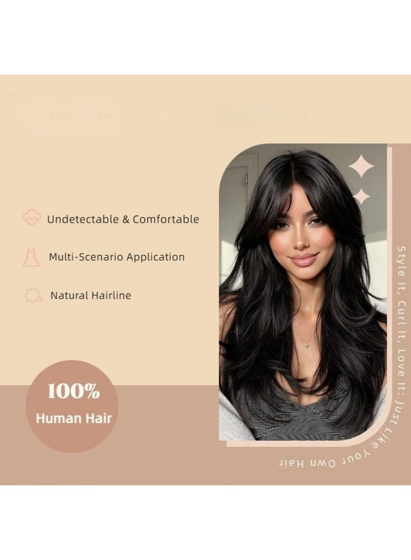 Dougez Black Long Straight Wig ith Curtain Bangs Wigs, Slightly Curly Hair Ends, Natural Soft Synthetic Heat Resistant Hair Wig with Net Cap for Party, Cosplay, Wedding & Fashion Styling - Image 2