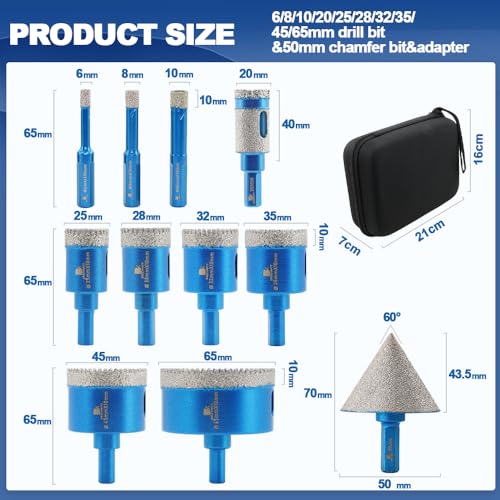 BRSCHNITT Tile Hole Saw Kit Diamond BRSCHNITT 11pcs Diamond Core Drill Bit for Porcelain Tile Ceramic Marble Granite Drilling Triangle Shank - Image 3