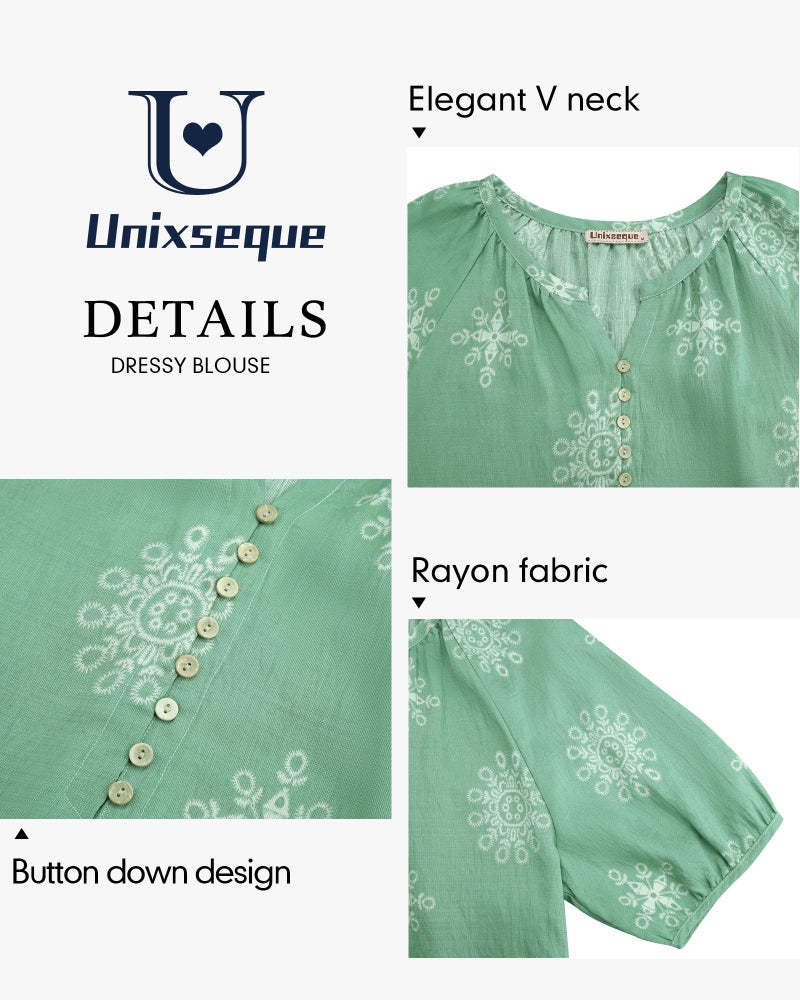 Unixseque Casual Shirts for Women:Womens Blouses Floral Print Trendy Casual - Summer Shirts for Women - Floral Print Trendy Casual V Neck Bohemian Blouse Spring Tops 2025 Green - Image 5