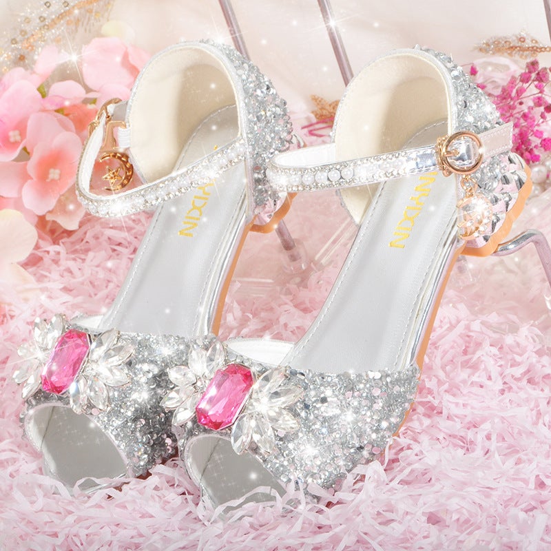 Girl'S Sandals Princess Aisha Shoes Little Girl'S Crystal Shoes With Heel Shoes For Show Rhinestone Children'S High Heels - Image 3