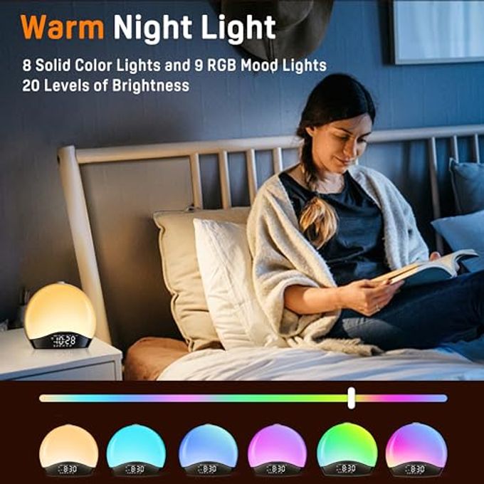 Jall Wake Up Light Sunrise Alarm Clock for Kids, Heavy Sleepers, Bedroom, White Noise Sound Machine with 5W Stereo Bluetooth Speaker, 25 Natural Sounds, Dual Alarms, 17 Color Night Lights, Ideal for Gift - Image 2