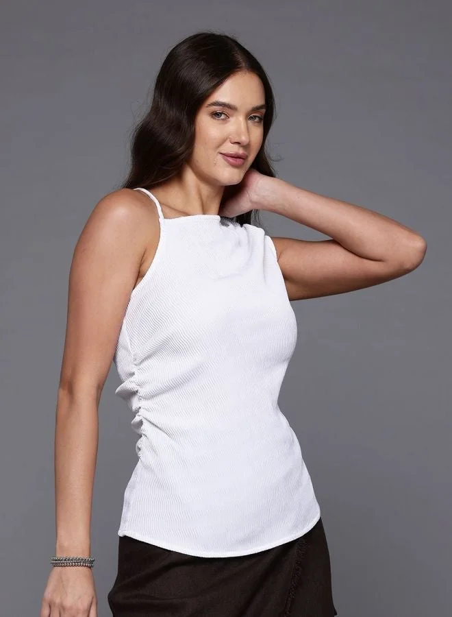 Women Regular Fit Textured Asymmetric Neck Sleeveless One Shoulder Top
