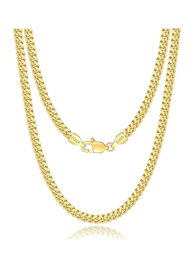 Generic - Eterjew Italian 4mm Solid 18k Gold Over 925 Sterling Silver Chain Necklace for Men Women, Diamond Cut Cuban Link Chain for Men, Sturdy & Shiny & Not Easy to Fade & Comfortable 16 18 20 22 24 26 Inch - Image 1