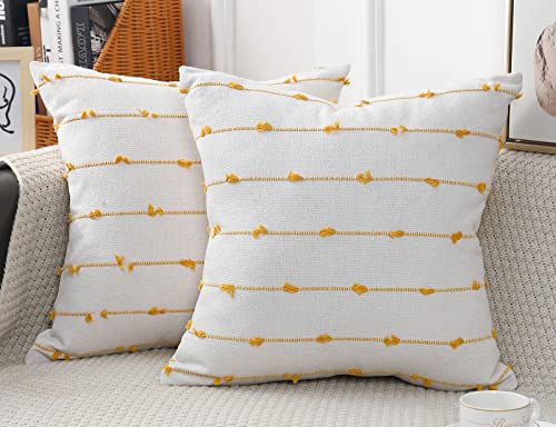 NUYECY Set of 2 Boho Throw Pillow Covers 16x16,Beige Yellow Neutral Couch Pillow Case with Tassel Fringe Decorative，Modern Accent Farmhouse Cushion Covers for Sofa Couch Bed Living Room - Image 1
