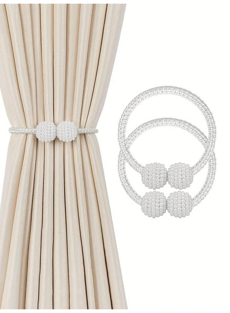 Miamia 2 Pieces Magnetic Curtain Tie Backs -  Pearl Ball Curtain Magnetic TieBacks, European Drapes Clips Rope Holdbacks for Home, Office, Hotel Window Decorative, Beige  - Image 4