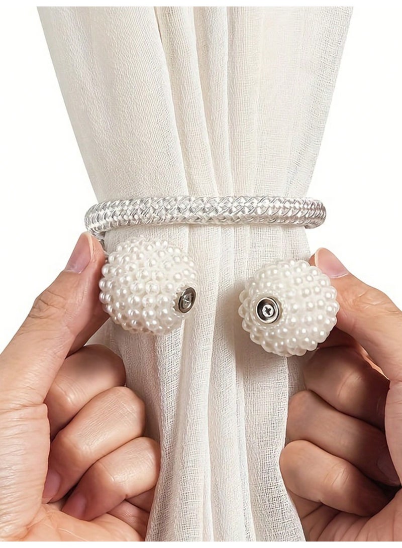 Miamia 2 Pieces Magnetic Curtain Tie Backs -  Pearl Ball Curtain Magnetic TieBacks, European Drapes Clips Rope Holdbacks for Home, Office, Hotel Window Decorative, Beige  - Image 2