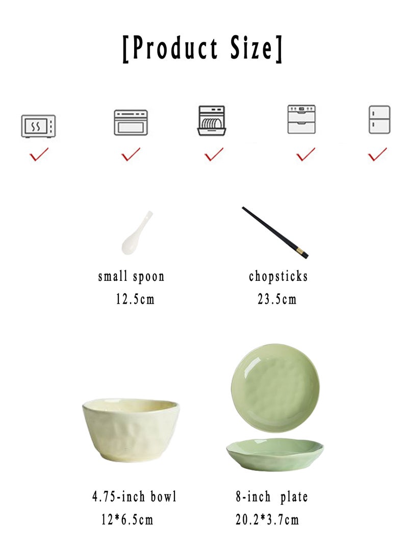 16 - Piece Aesthetic Ceramic Dinnerware Set, Green & White Two - Tone, 4 Bowls + 4 Plates + 4 Spoons + 4 Chopsticks, Pastel Tableware For 4 - Person Home Dining - Image 2