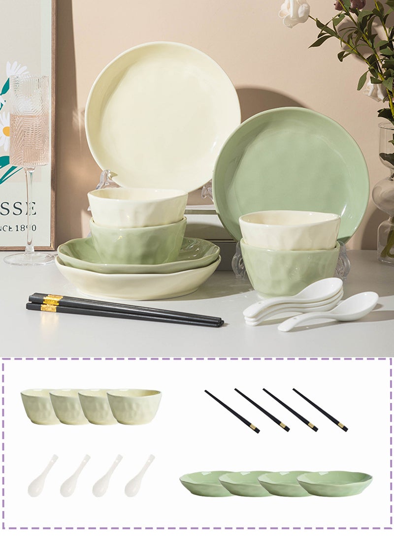 16 - Piece Aesthetic Ceramic Dinnerware Set, Green & White Two - Tone, 4 Bowls + 4 Plates + 4 Spoons + 4 Chopsticks, Pastel Tableware For 4 - Person Home Dining - Image 1