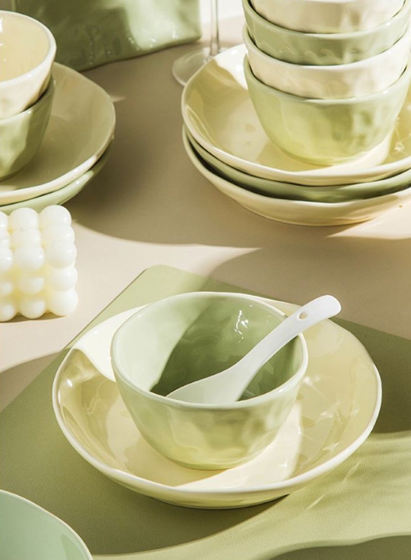 16 - Piece Aesthetic Ceramic Dinnerware Set, Green & White Two - Tone, 4 Bowls + 4 Plates + 4 Spoons + 4 Chopsticks, Pastel Tableware For 4 - Person Home Dining - Image 3