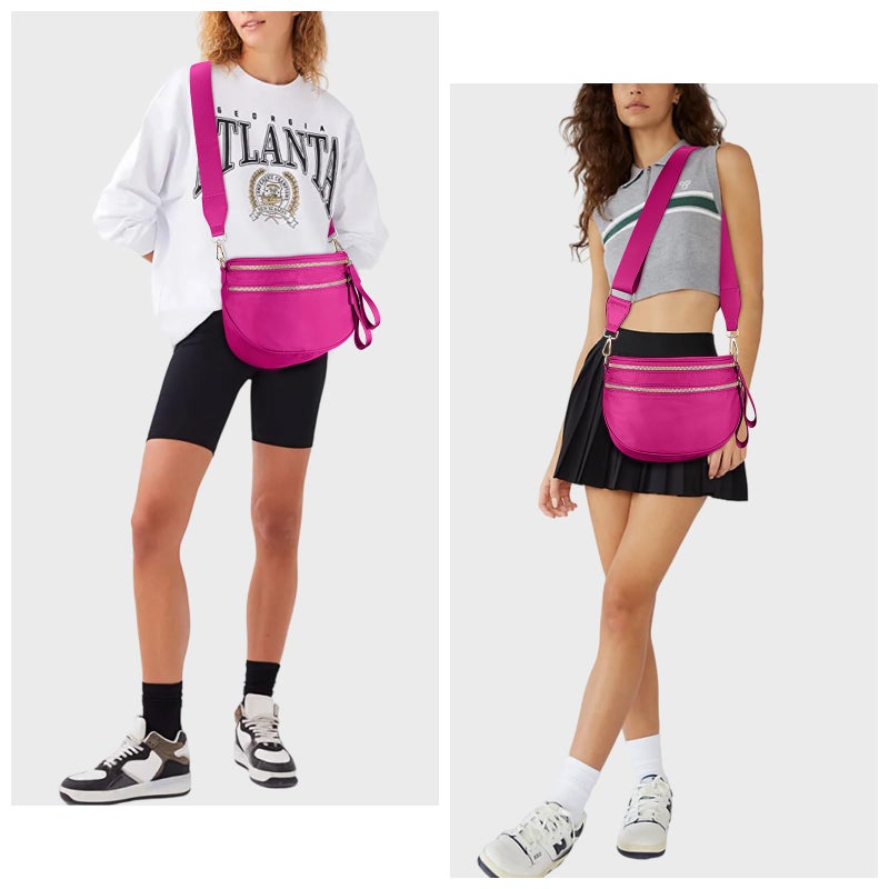 Lushandy Bum Bag Women's Checkered Crossbody Bag Nylon Cross Body Bags Plaid Mom Everyday Purse for Travel (Pure Hot Pink) - Image 2