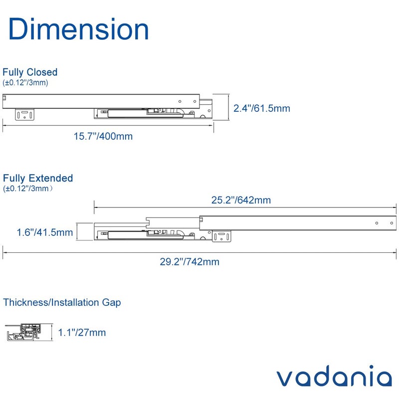 VADANIA 16" Undermount Drawer Slide, Soft Close, Bottom Mounted & Bottom Support, 88 lb Load Capacity, 3-Fold Full Extension, Invisible Drawer Slies,1 Pair(2-Pack) - Image 5
