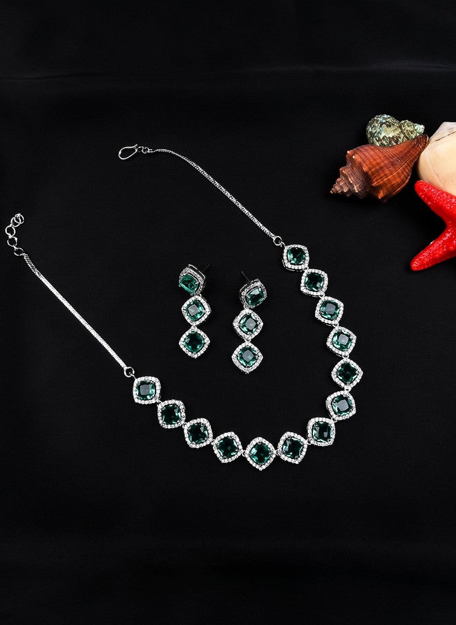 StileAdda Silver-Plated AD-Studded Necklace and Earrings Set - Image 1
