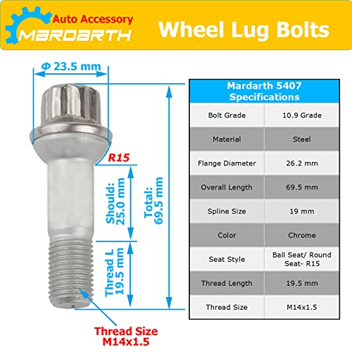 Mardarth 14mm x 1.5 Wheel Lug Bolt OE Factory Wheel 0009905407 Compatible with ML500 S550 CL63 ML350 GLK350 CL500 GL450, Pack of 20 - Image 2