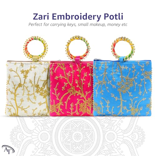 AT Ankit Traders Women Potli Bags Pack of 6 | Gifting Potli with Zip & Bangle Handle | Traditional Shagun Return Gifts Potli for Mehandi, Haldi, Baby Shower, Wedding, Sangeet (Embroidered) - Image 2
